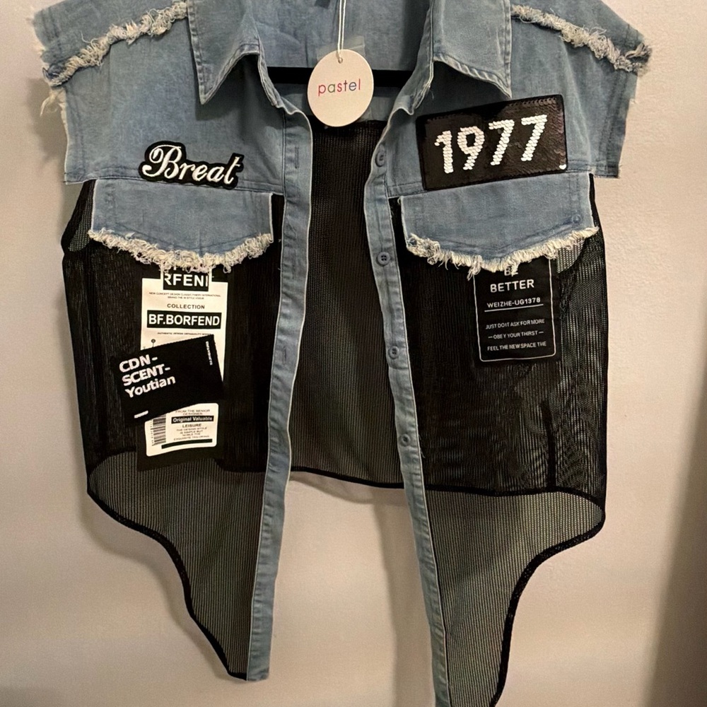 Pastels Blue and Black Denim Vest